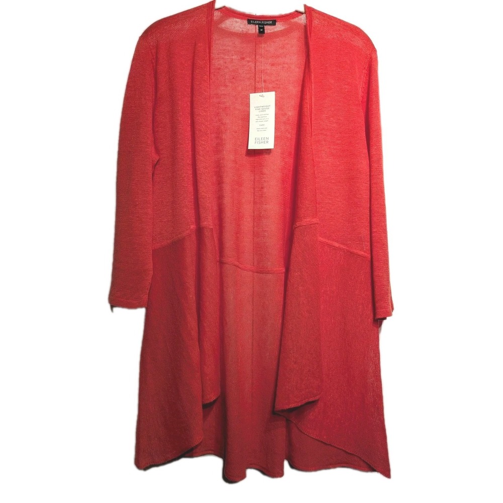 Eileen Fisher Cardigan Sweater Women M Coral Linen Lightweight Long Open NWT